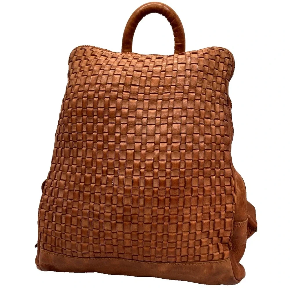 Valenca Woven Leather Backpack Brown Boho Rucksack India Handcrafted Artisan
